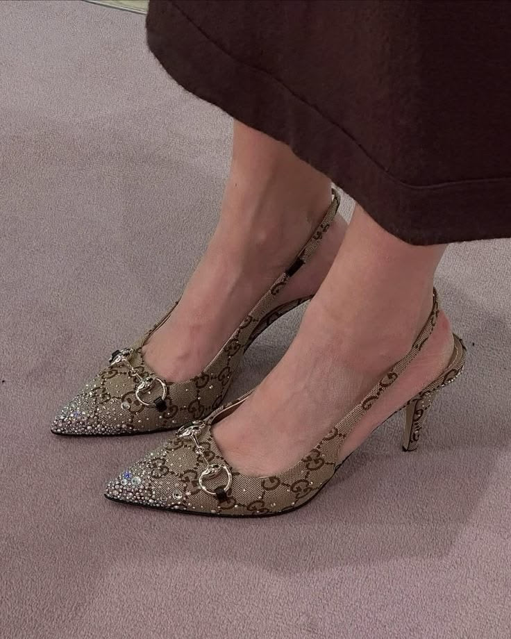 GUCCI Erin Crystal Embellished Slingback Heels with Brand Box