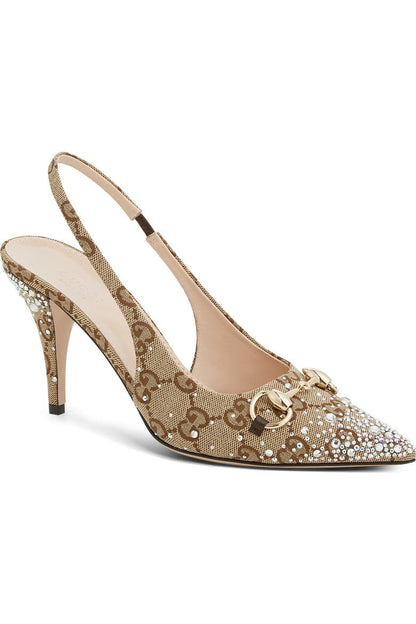 GUCCI Erin Crystal Embellished Slingback Heels with Brand Box