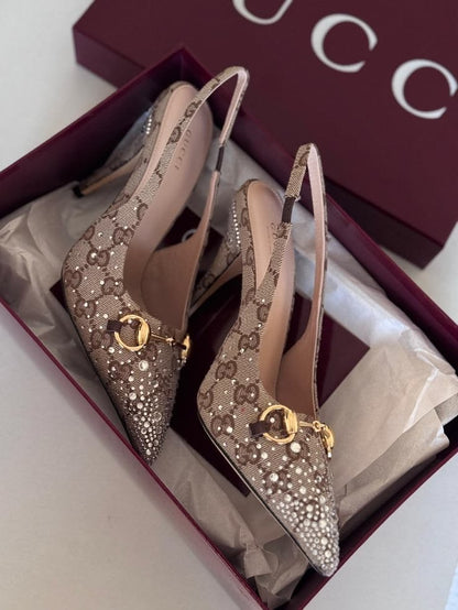 GUCCI Erin Crystal Embellished Slingback Heels with Brand Box
